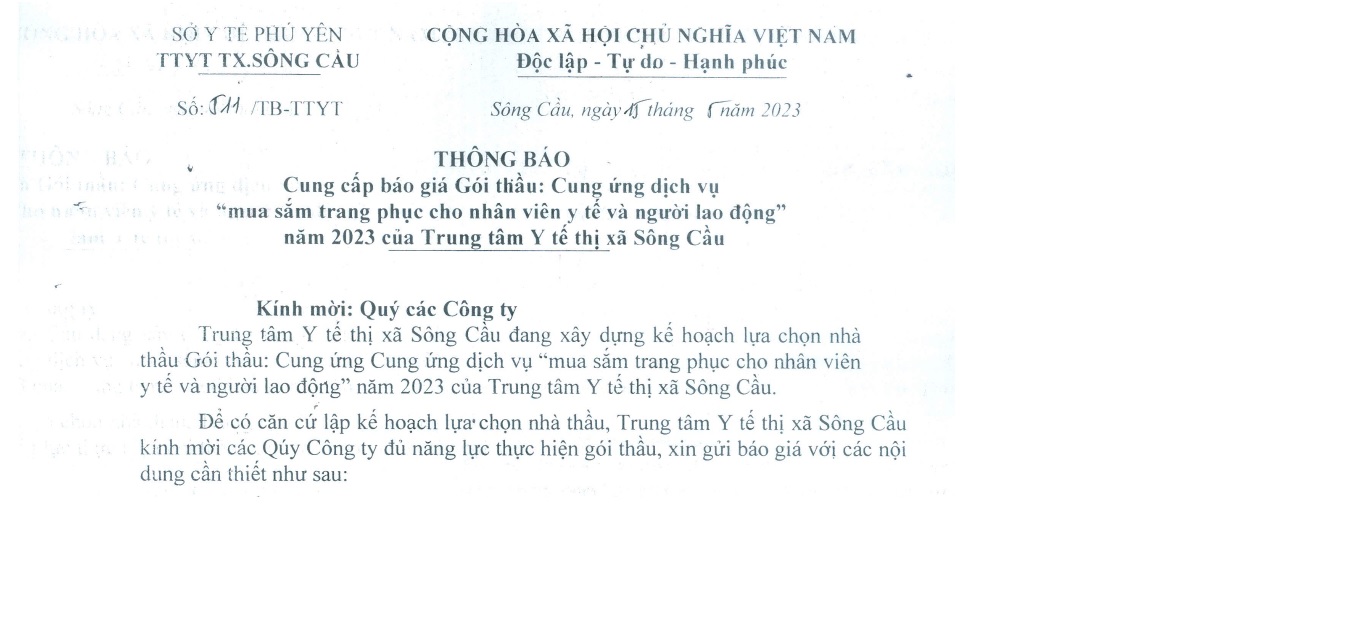 Thông báo cung cấp báo giá mua sắm trang phục cho cán bộ nhân viên y tế, người lao động.
